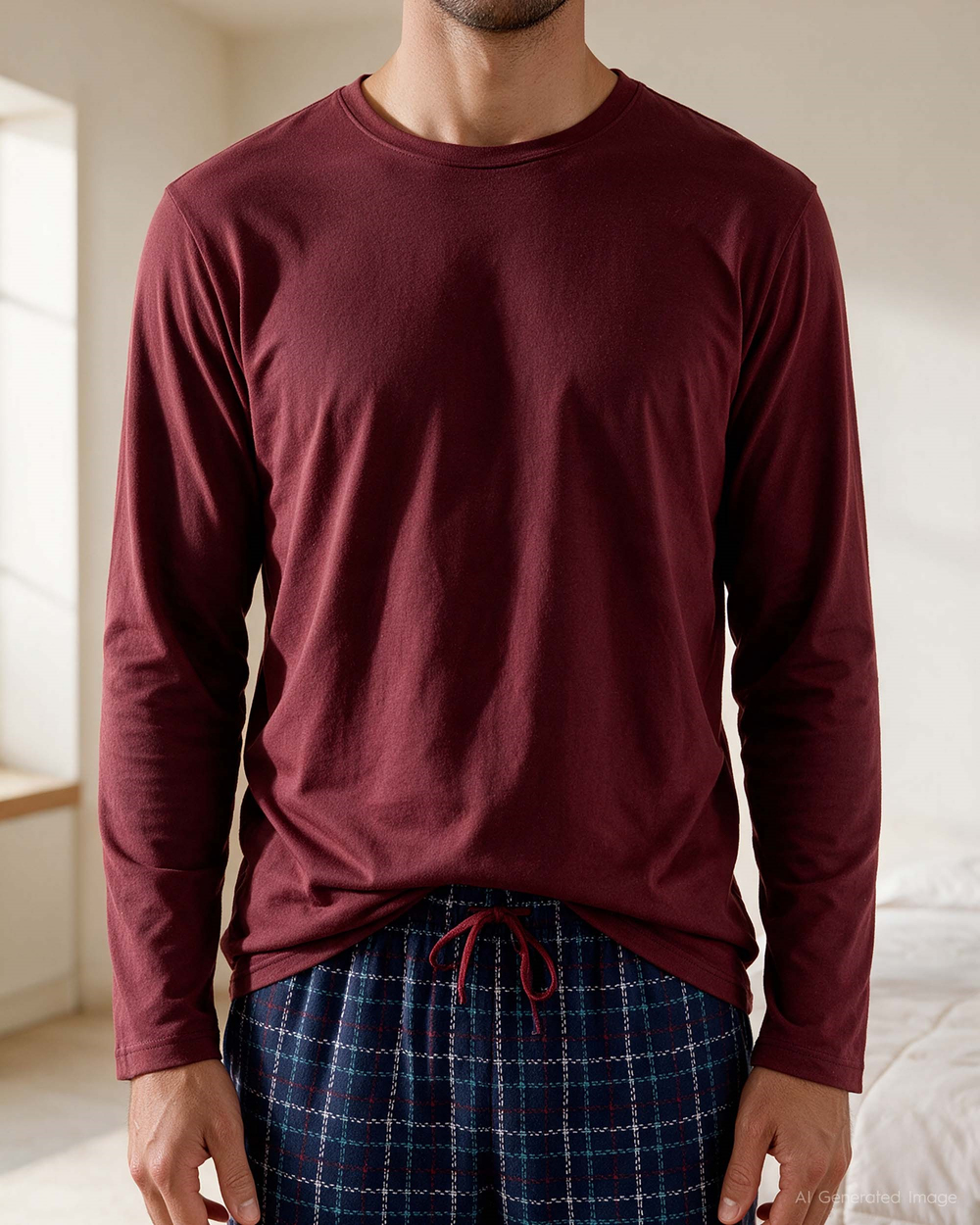 Erkek Bisiklet Yaka Uzun Kollu Pijama Takımı Bordo