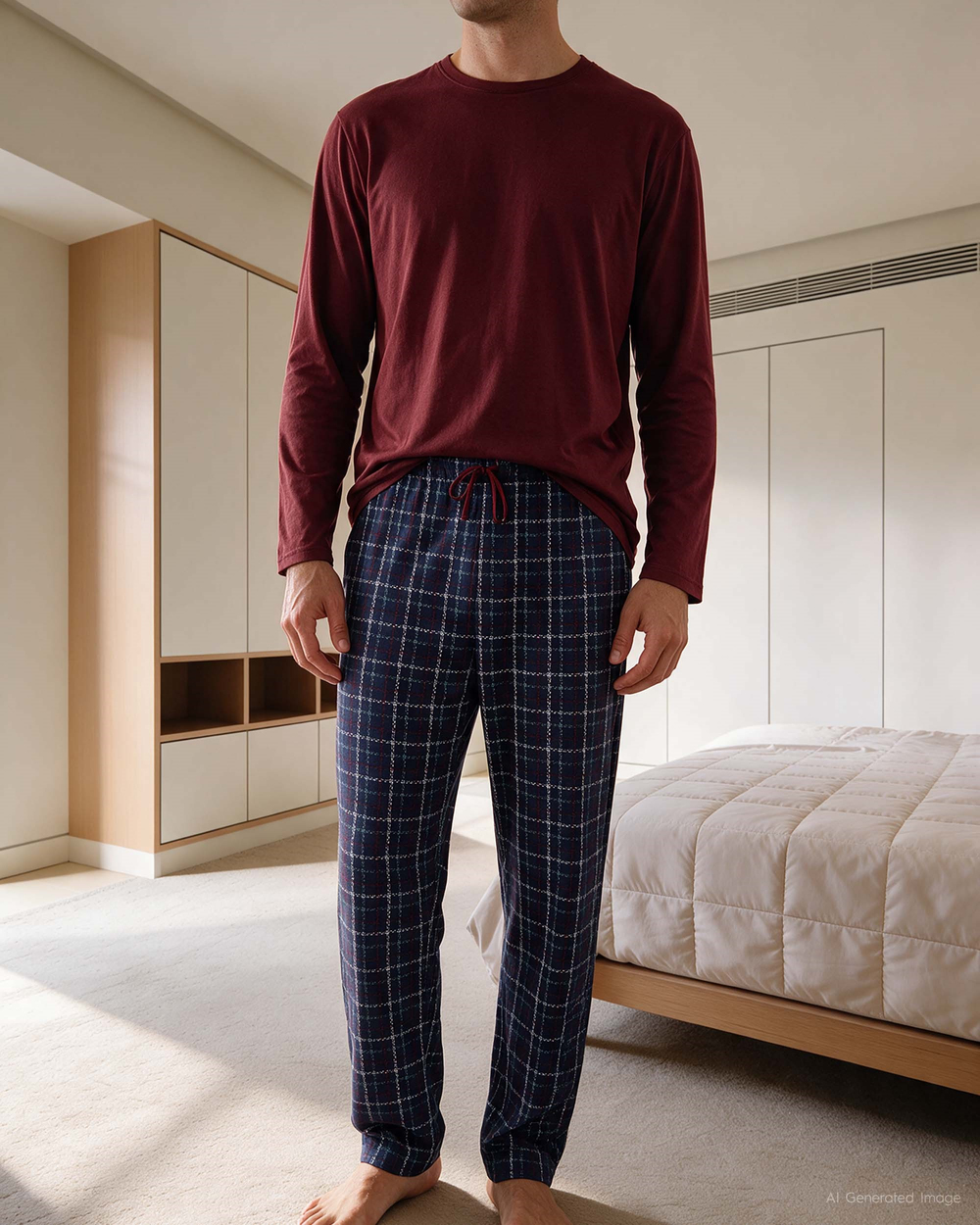 Erkek Bisiklet Yaka Uzun Kollu Pijama Takımı Bordo