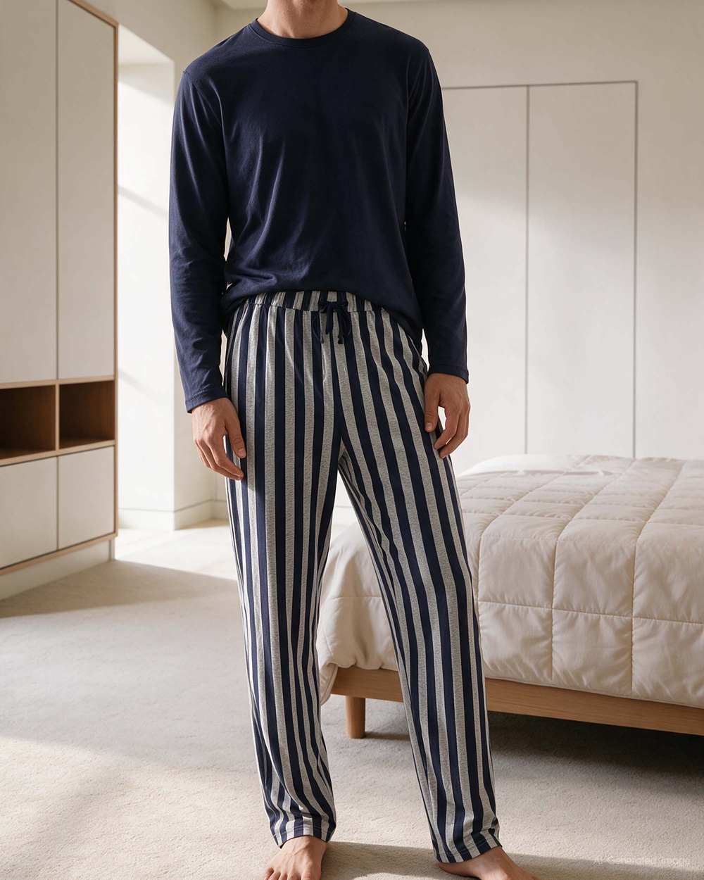 Erkek Bisiklet Yaka Uzun Kollu Pijama Takımı Lacivert