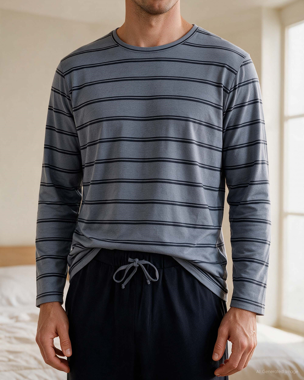 Erkek Bisiklet Yaka Uzun Kollu Pijama Takımı Gri