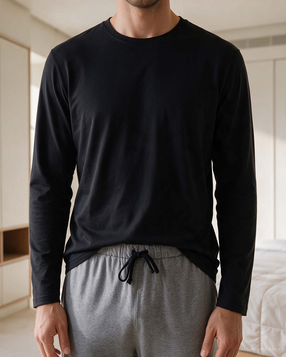 Erkek Bisiklet Yaka Uzun Kollu Pijama Takımı Siyah