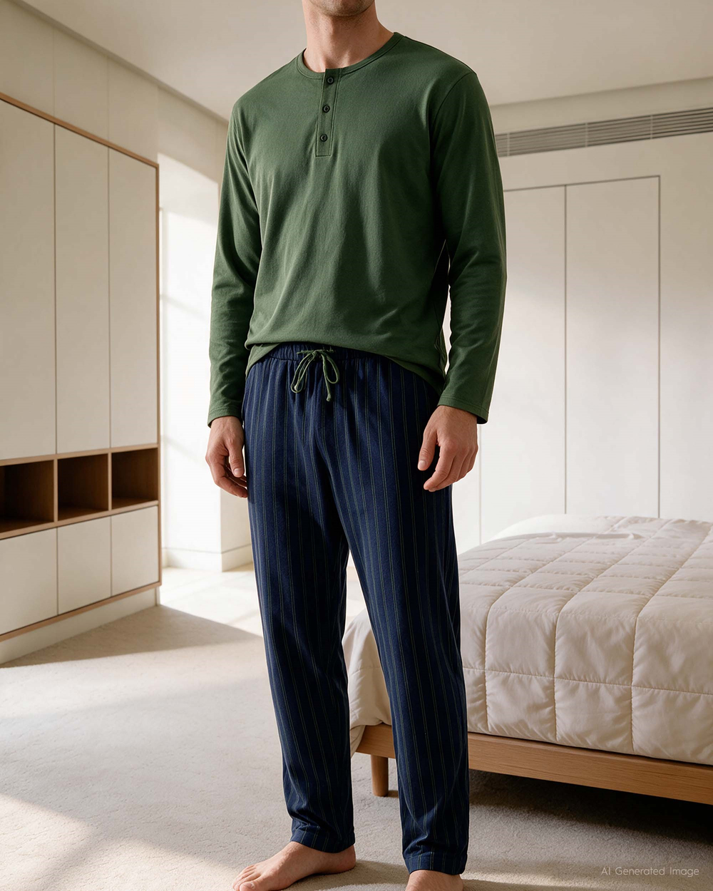 Erkek Düğmeli Yaka Uzun Kollu Pijama Takımı Koyu Yeşil