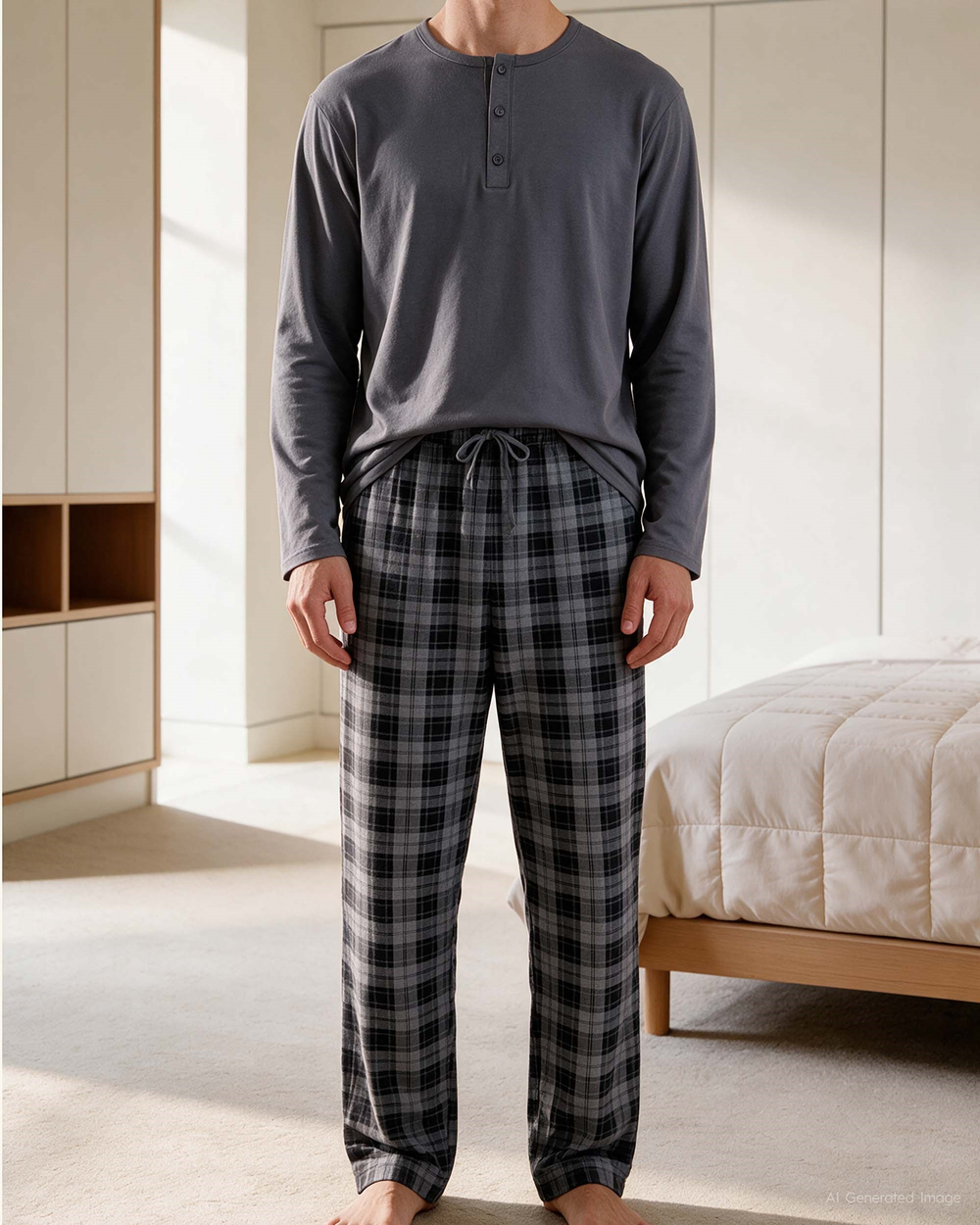 Erkek Düğmeli Yaka Uzun Kollu Pijama Takımı Koyu Gri