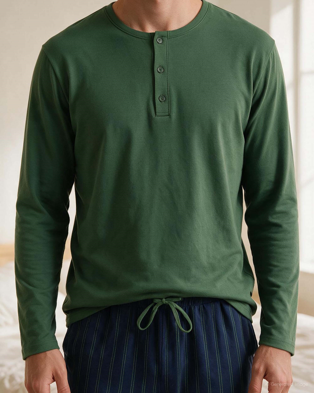 Erkek Düğmeli Yaka Uzun Kollu Pijama Takımı Koyu Yeşil