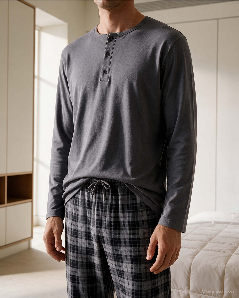 Erkek Düğmeli Yaka Uzun Kollu Pijama Takımı Koyu Gri