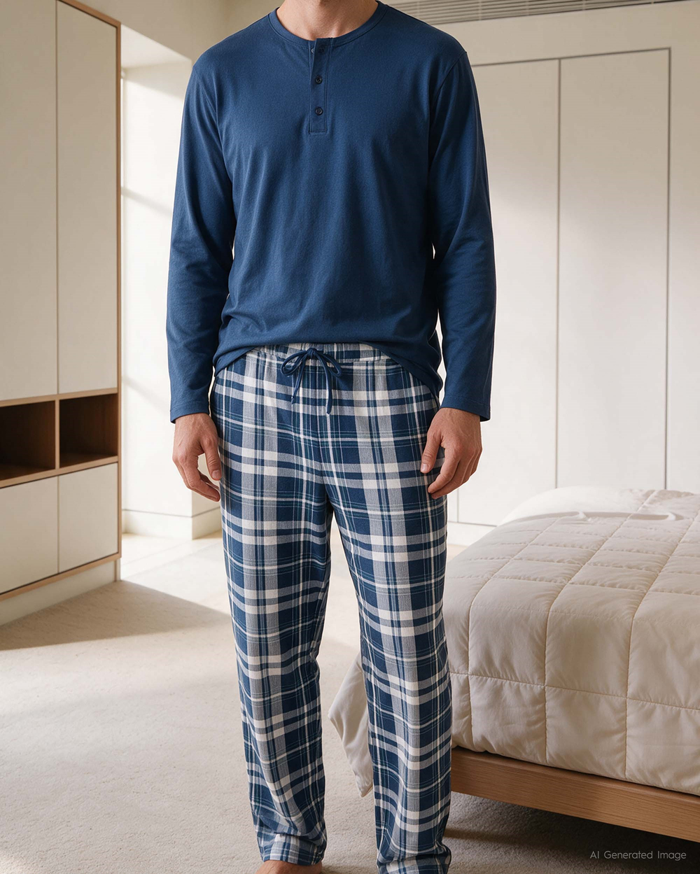 Erkek Düğmeli Yaka Uzun Kollu Pijama Takımı Lacivert