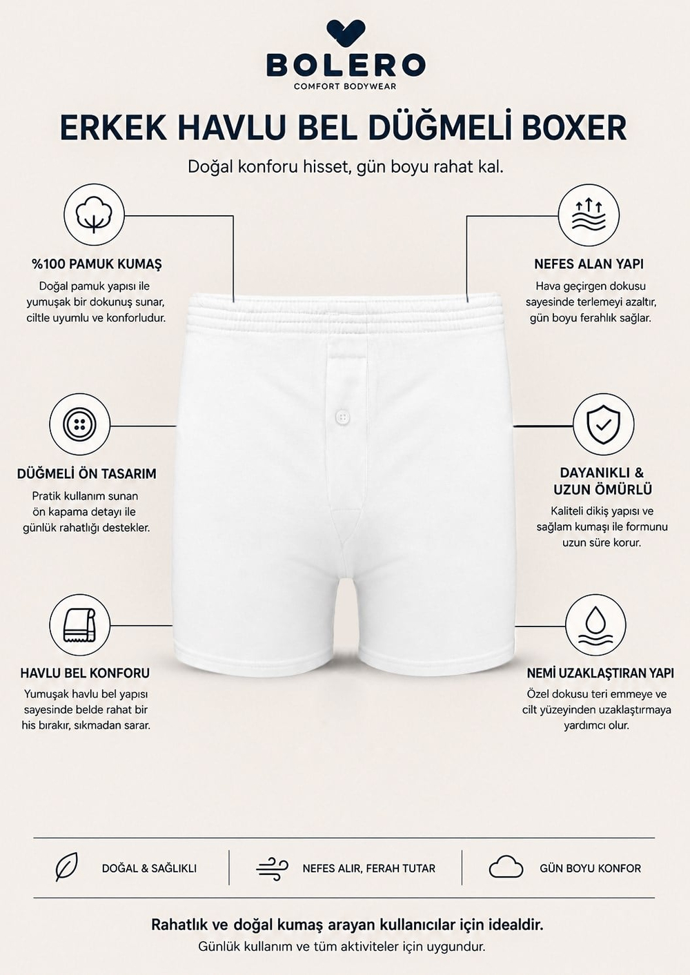 Erkek Havlu Bel Düğmeli Boxer Beyaz