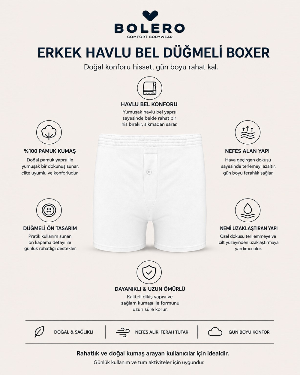 Erkek Havlu Bel Düğmeli Boxer Beyaz