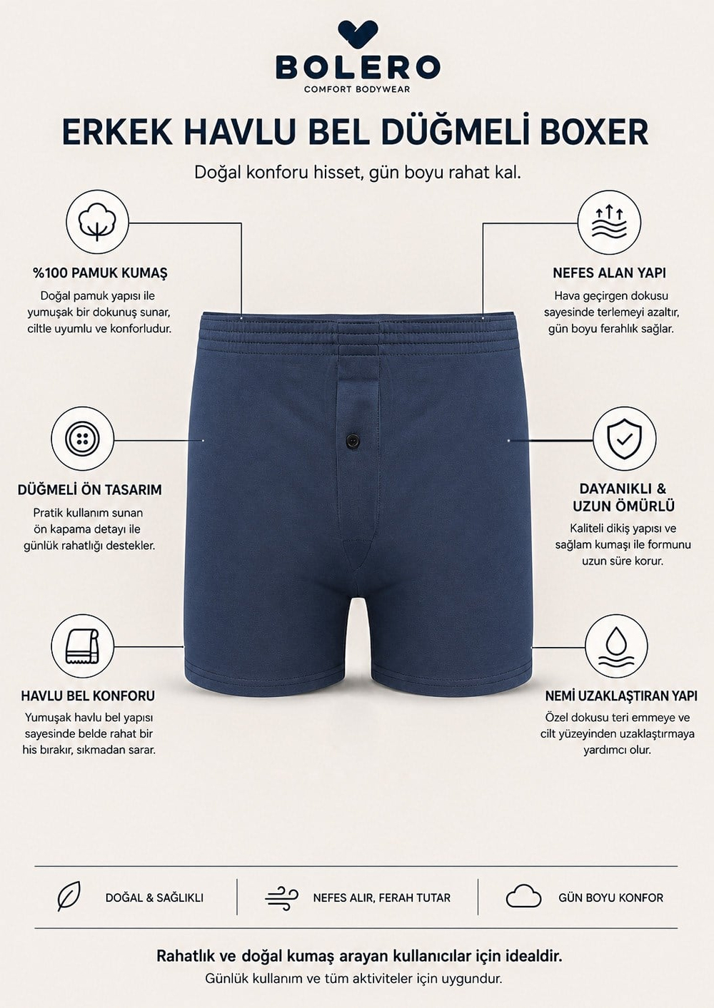 Erkek Havlu Bel Düğmeli Boxer Lacivert