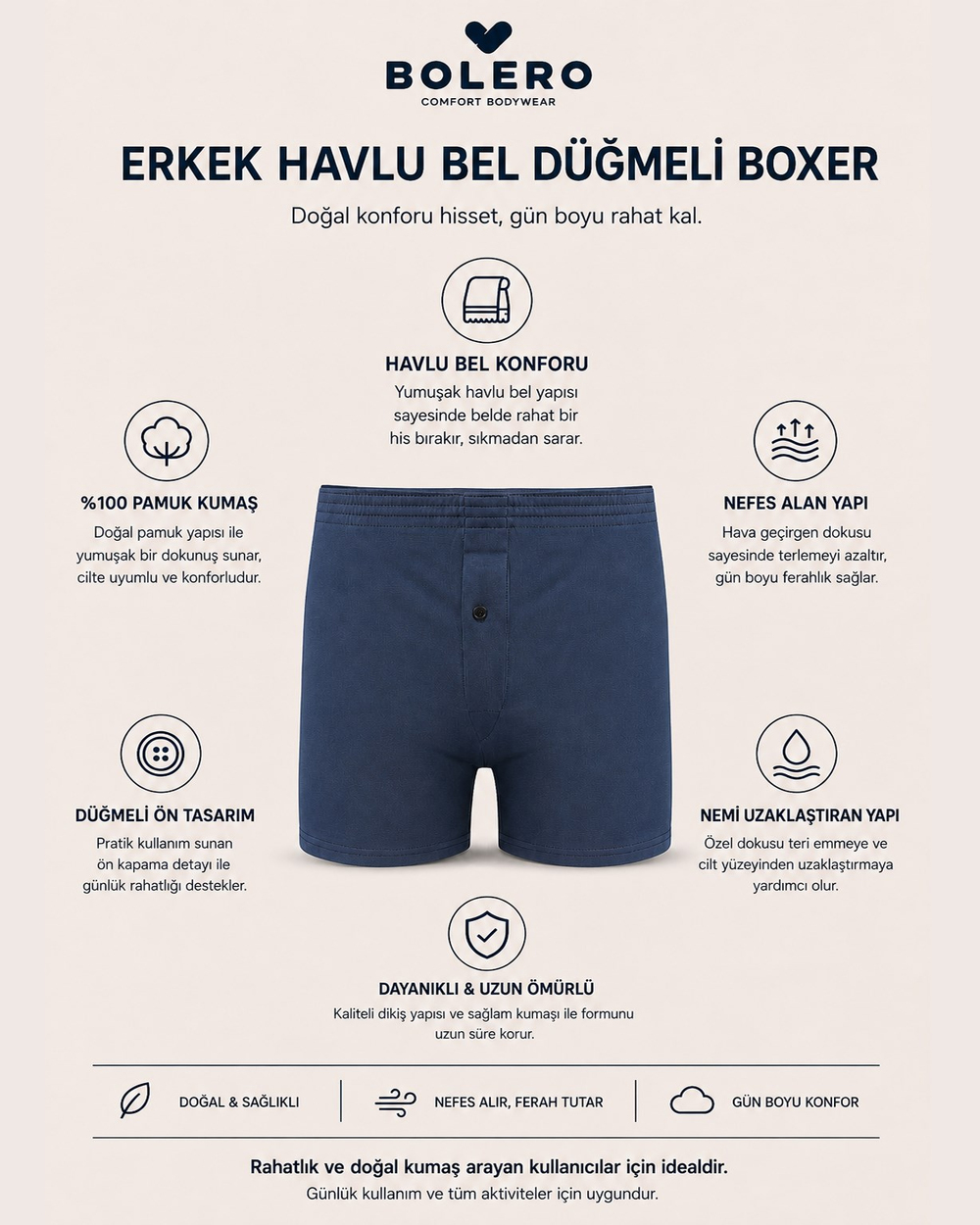Erkek Havlu Bel Düğmeli Boxer Lacivert
