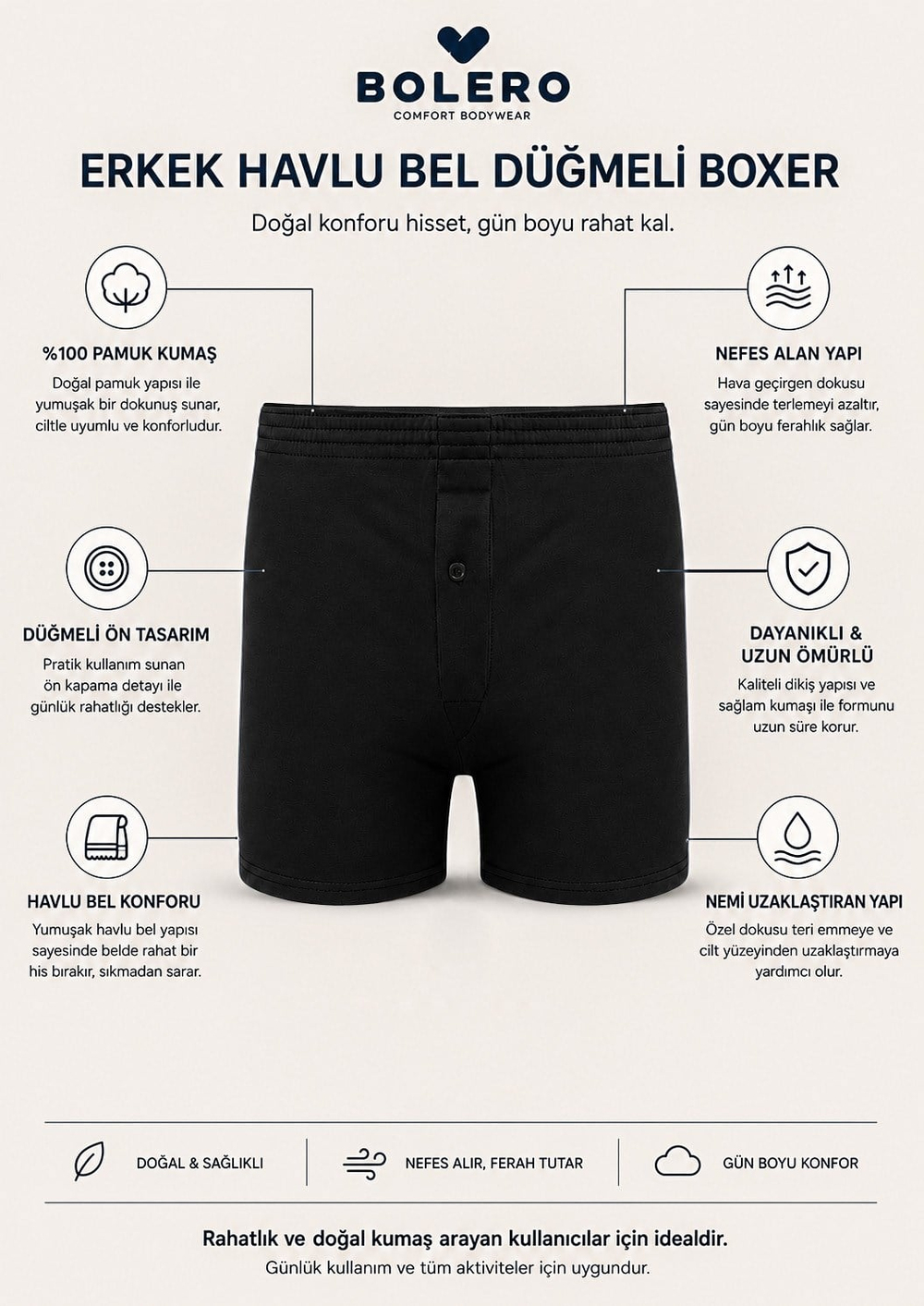 Erkek Havlu Bel Düğmeli Boxer Siyah
