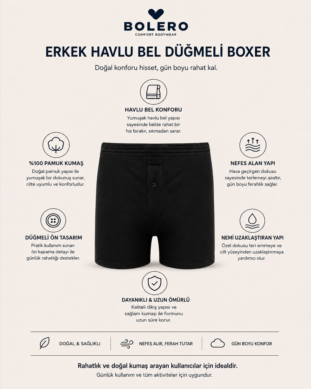 Erkek Havlu Bel Düğmeli Boxer Siyah