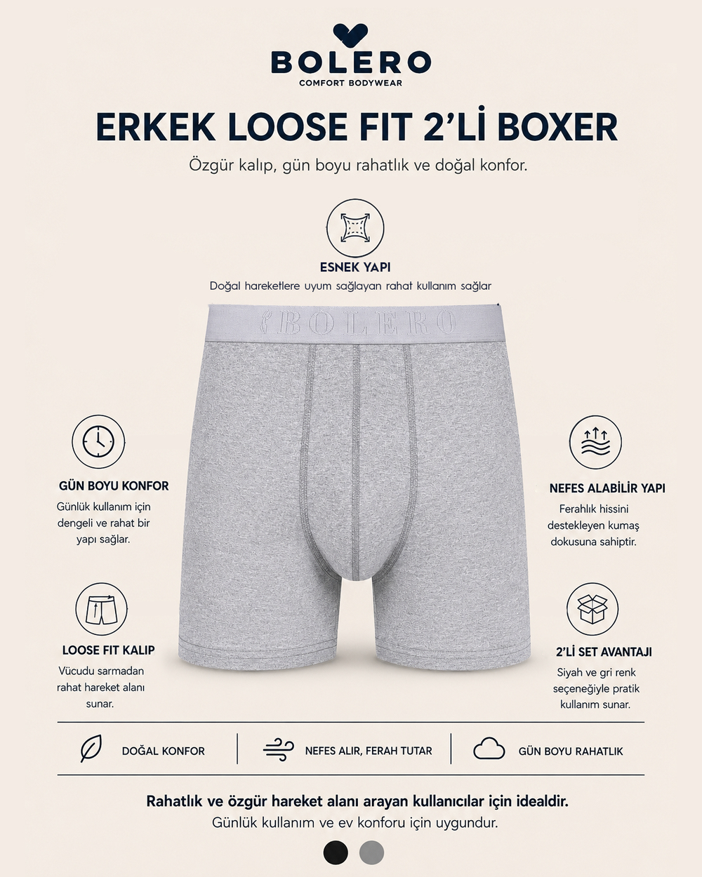 Erkek Loose Fit 2li Boxer Siyah Gri