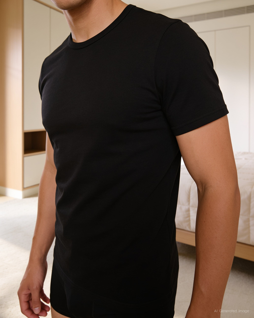 Erkek Penye Fanila Pamuk T-shirt Siyah