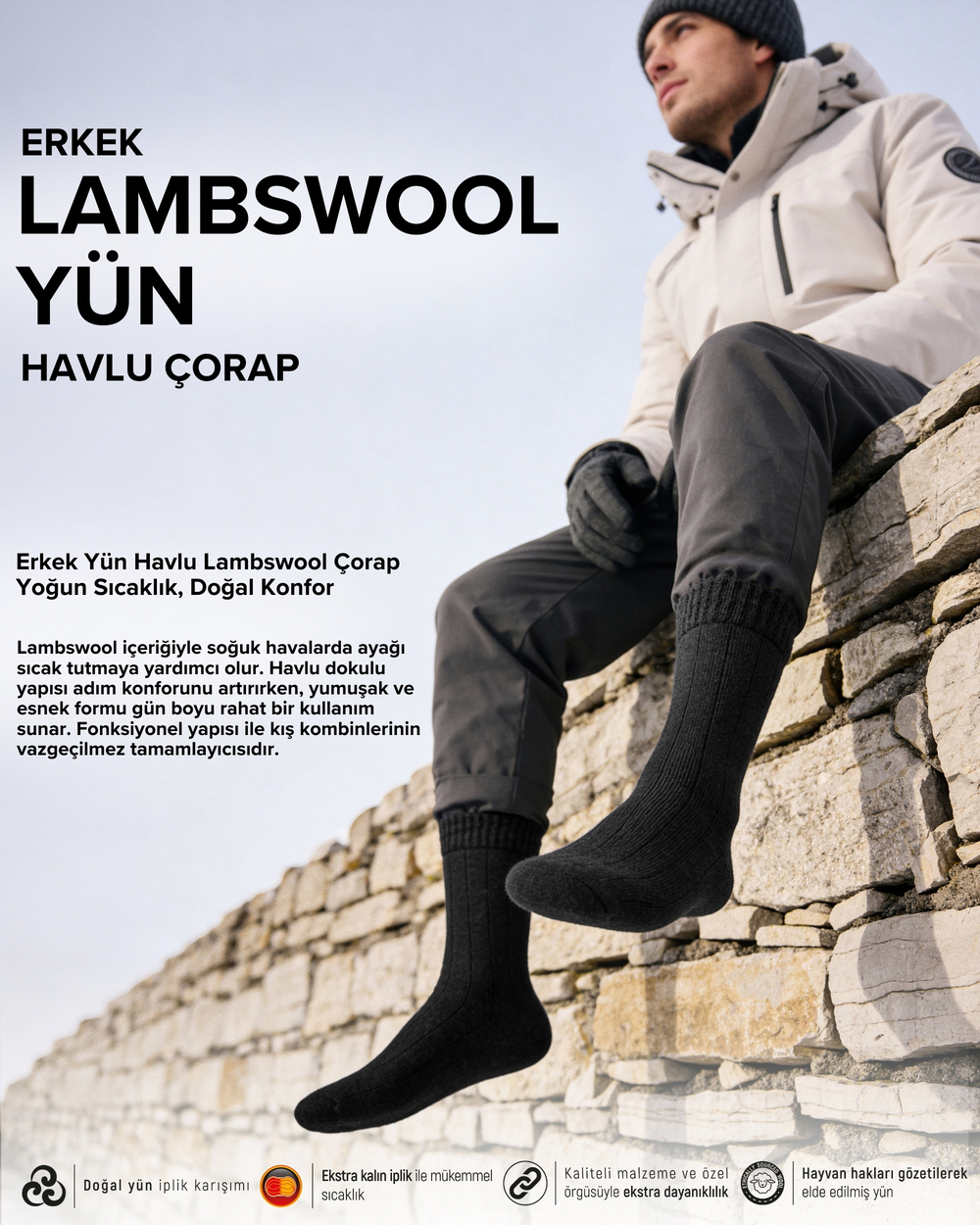 Erkek Yün Havlu Lambswool Çorap Siyah