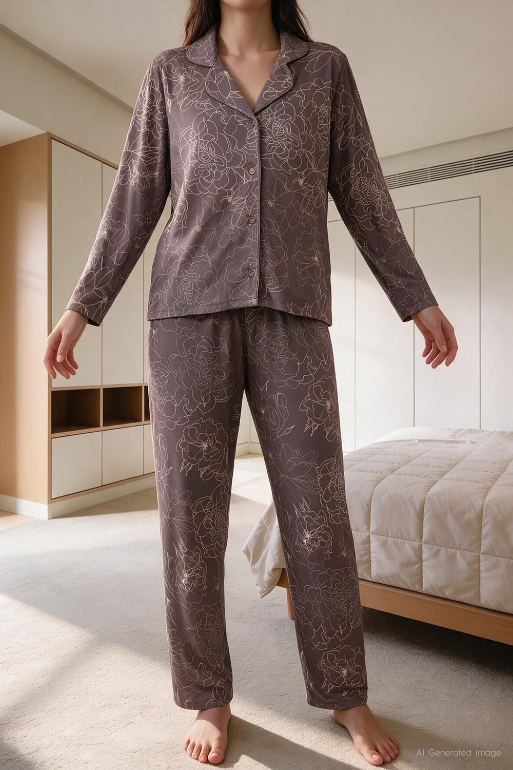 Gül Desenli Kadın Pijama Takımı Mürdüm