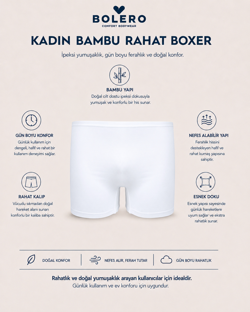 Kadın Bambu Boxer Beyaz