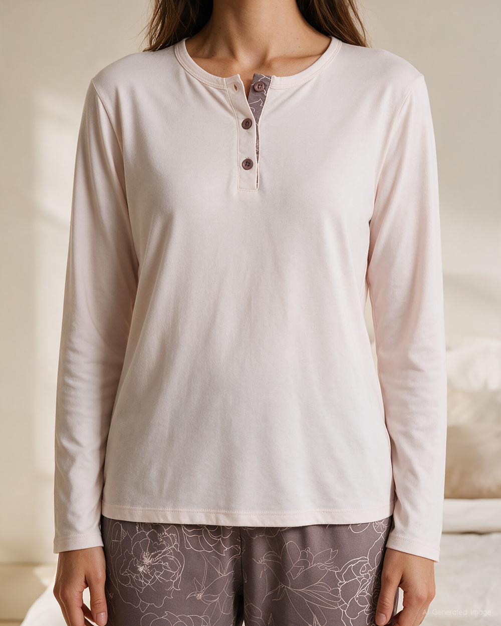 Kadın Düğmeli Yaka Pijama Takımı Pembe-Bej
