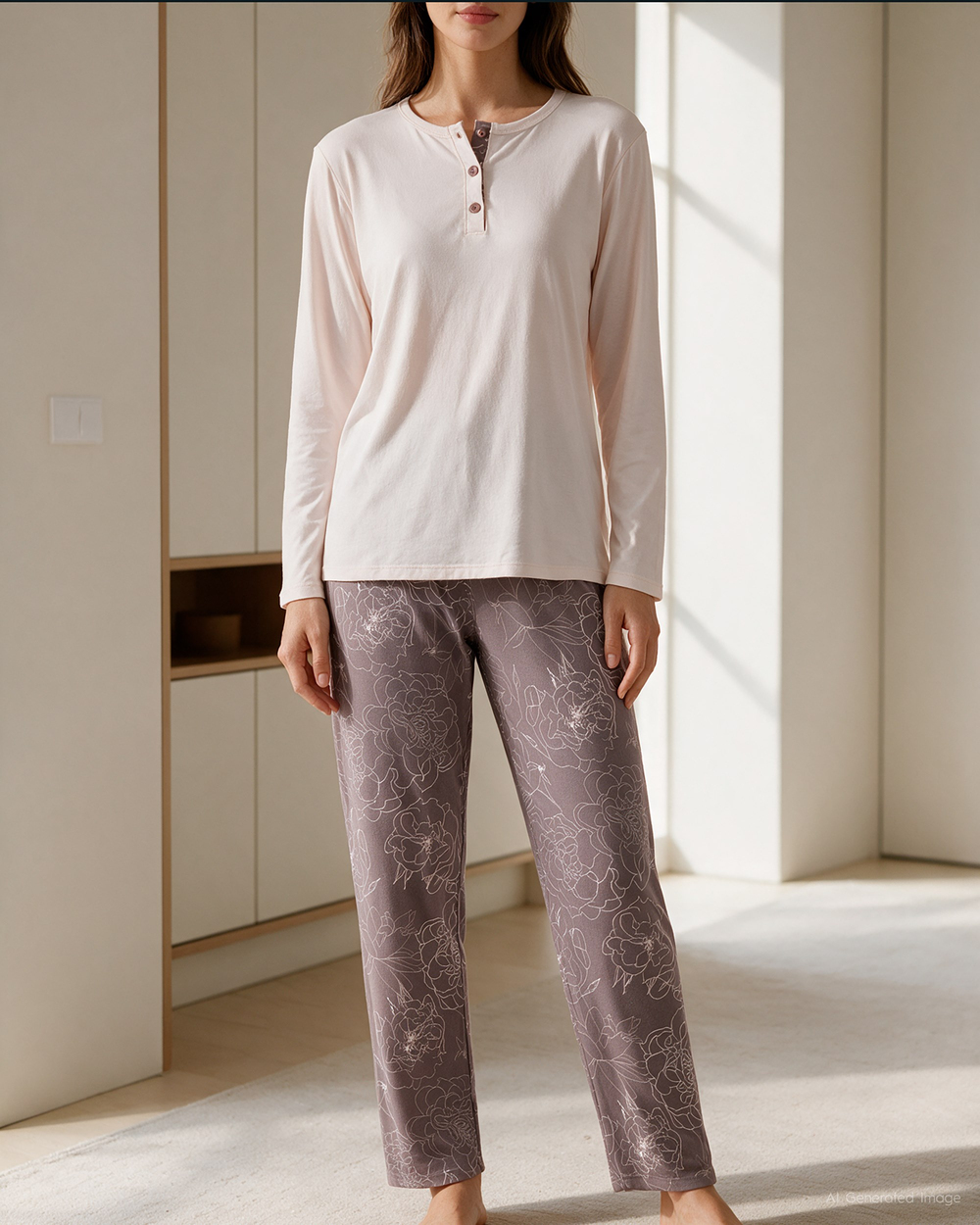 Kadın Düğmeli Yaka Pijama Takımı Pembe-Bej