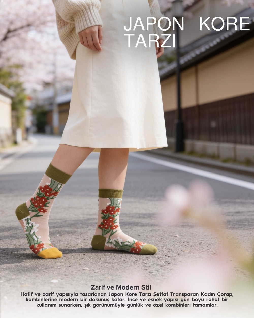 Kadın Japon Kore Tarzı Transparan Çorap  Çorap Kır Çiçekli