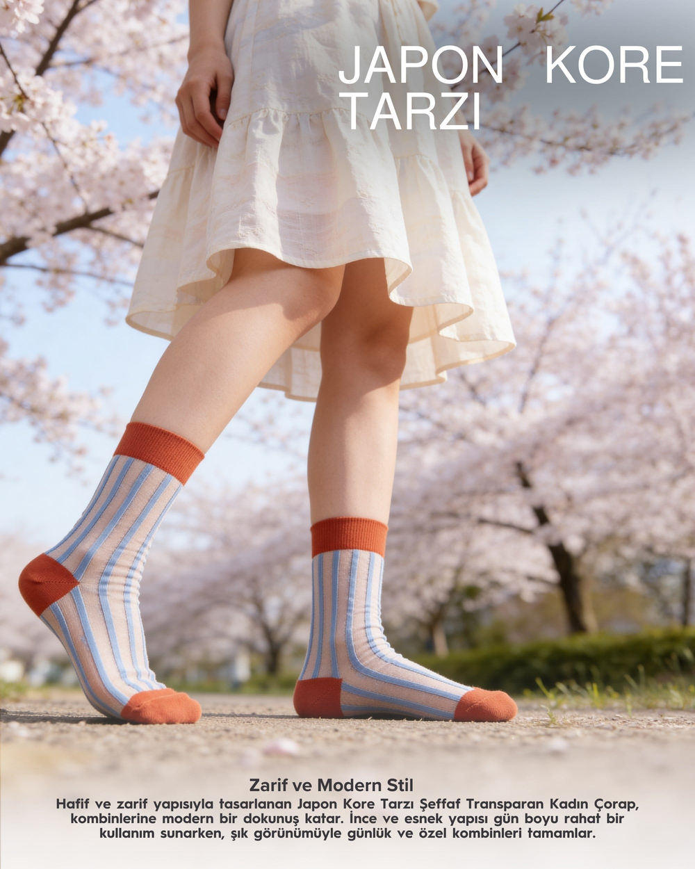 Kadın Japon Kore Tarzı Transparan Çorap Mavi Çizgili