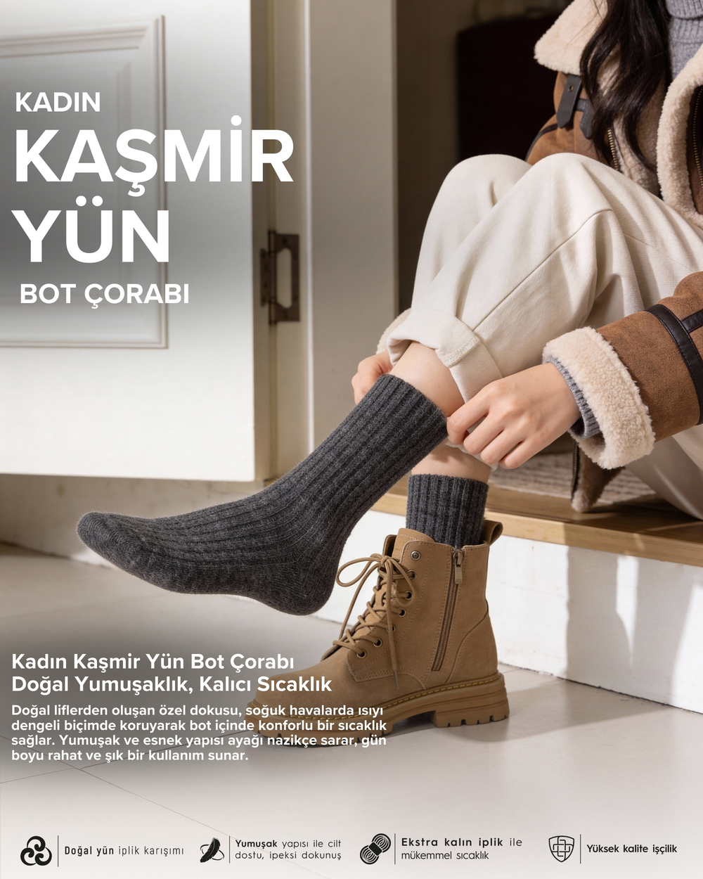 Kadın Kaşmir Yün Bot Çorabı Antrasit