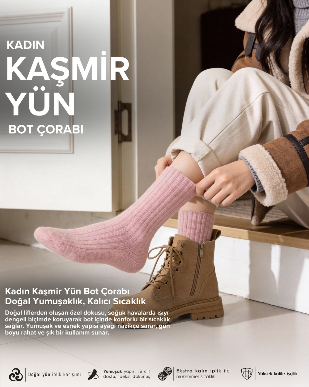 Kadın Kaşmir Yün Bot Çorabı Pembe
