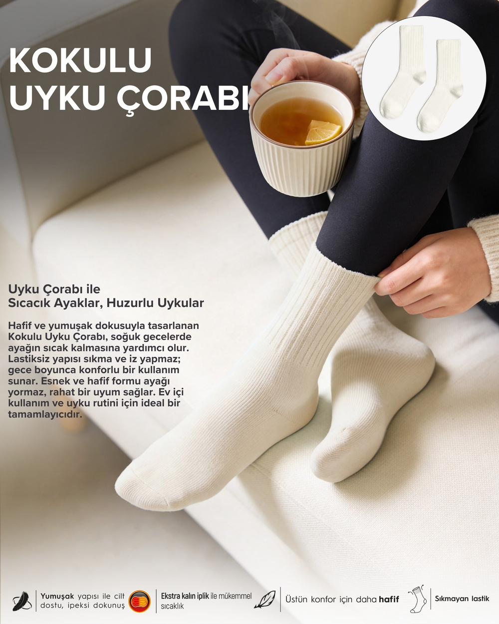 Kadın Okaliptus Kokulu 2li Uyku Çorabı Ekru