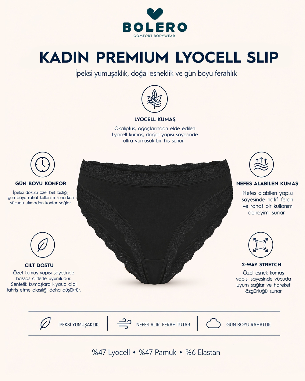 Kadın Premium Lyocell Slip Siyah