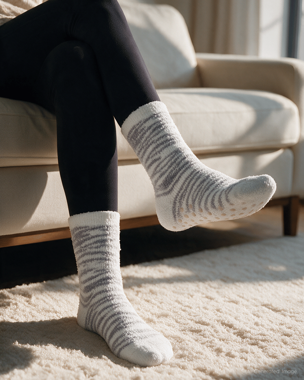 Kaydırmaz Taban Kadın Soft Touch 2li Peluş Ev Çorabı Gri Zebra Desenli