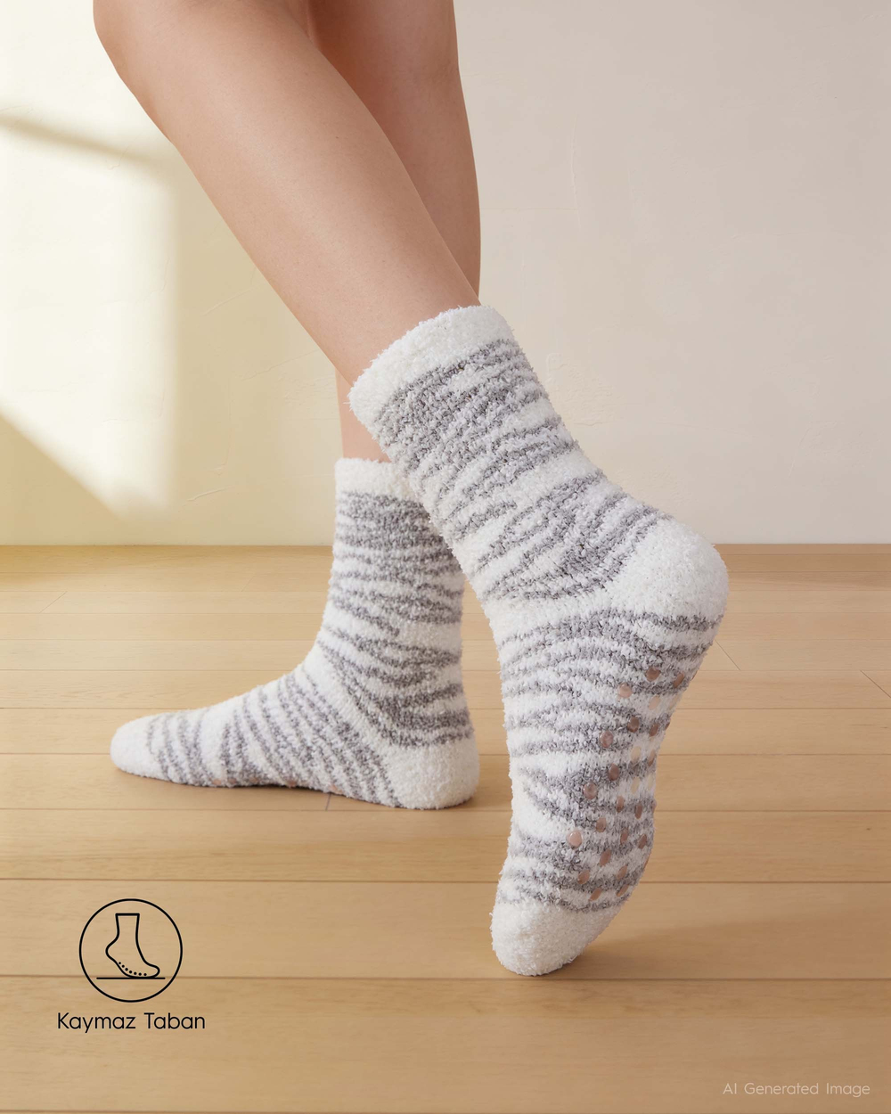 Kaydırmaz Taban Kadın Soft Touch 2li Peluş Ev Çorabı Gri Zebra Desenli