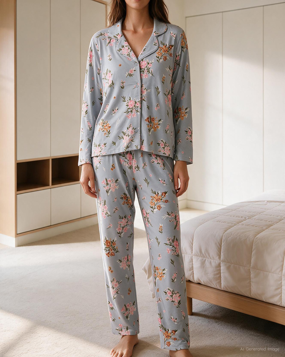 Kiraz Çiçeği Desenli Kadın Pijama Takımı Yeşil