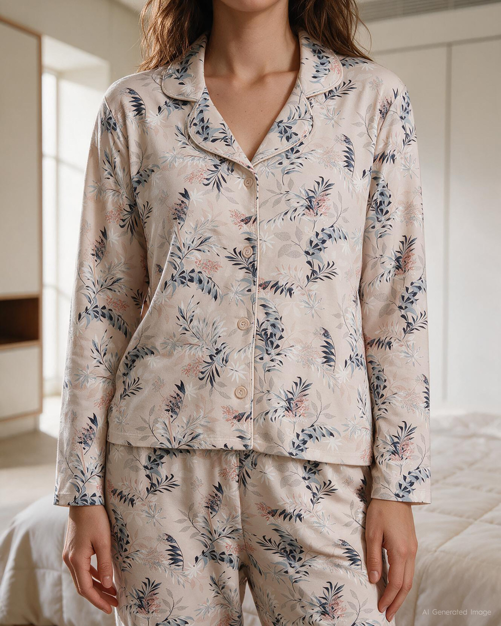 Lavanta Desenli Kadın Pijama Takımı Pudra