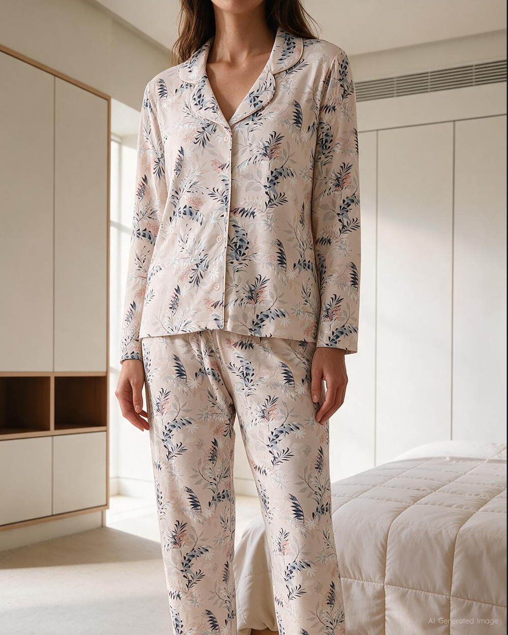 Lavanta Desenli Kadın Pijama Takımı Pudra