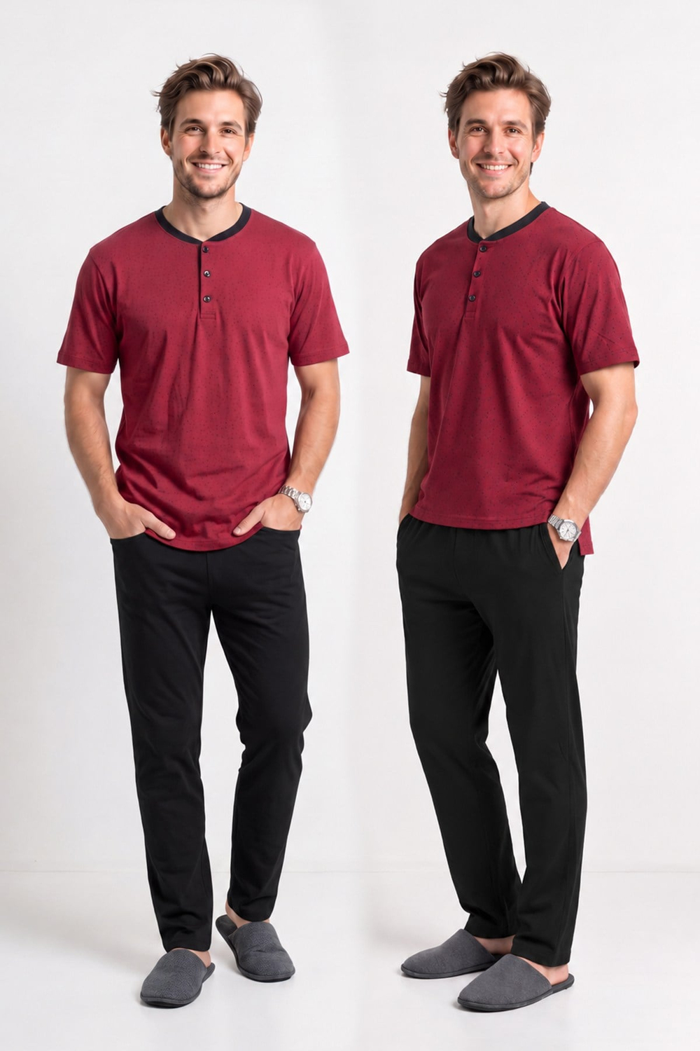 Erkek Genç %100 Pamuk Önü Patlı Pijama Takımı | Bordo 021