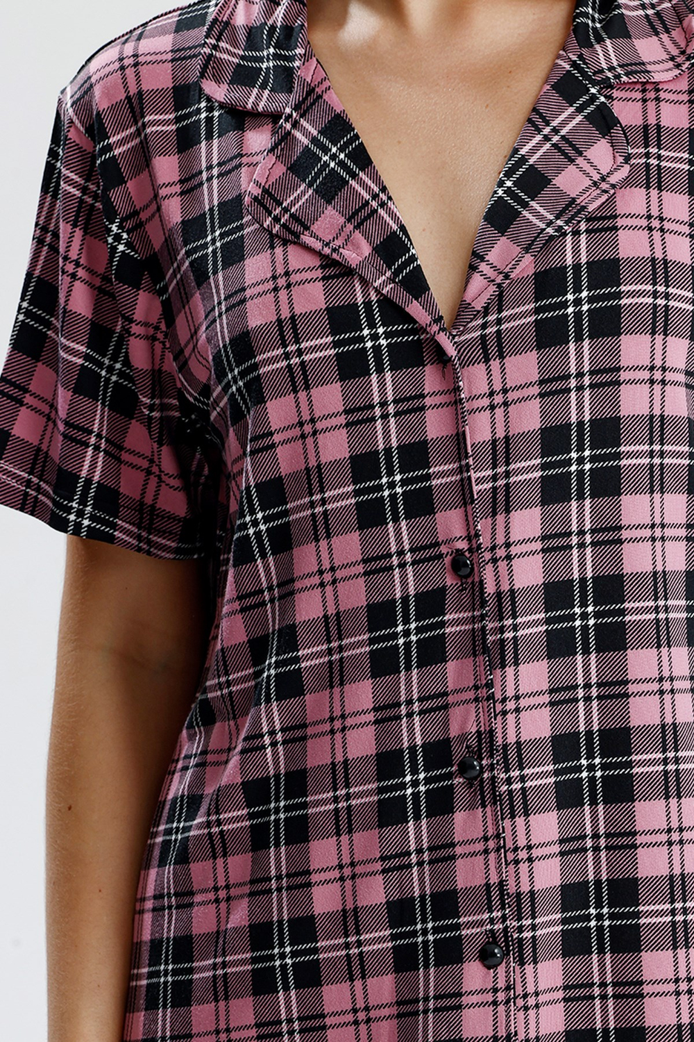 Kadın Önden Düğmeli Pijama Takım Ekose Pembe