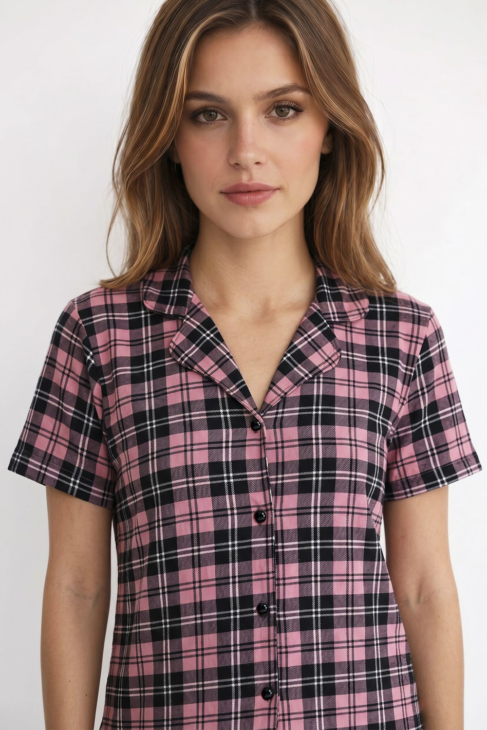 Kadın Önden Düğmeli Pijama Takım Ekose Pembe