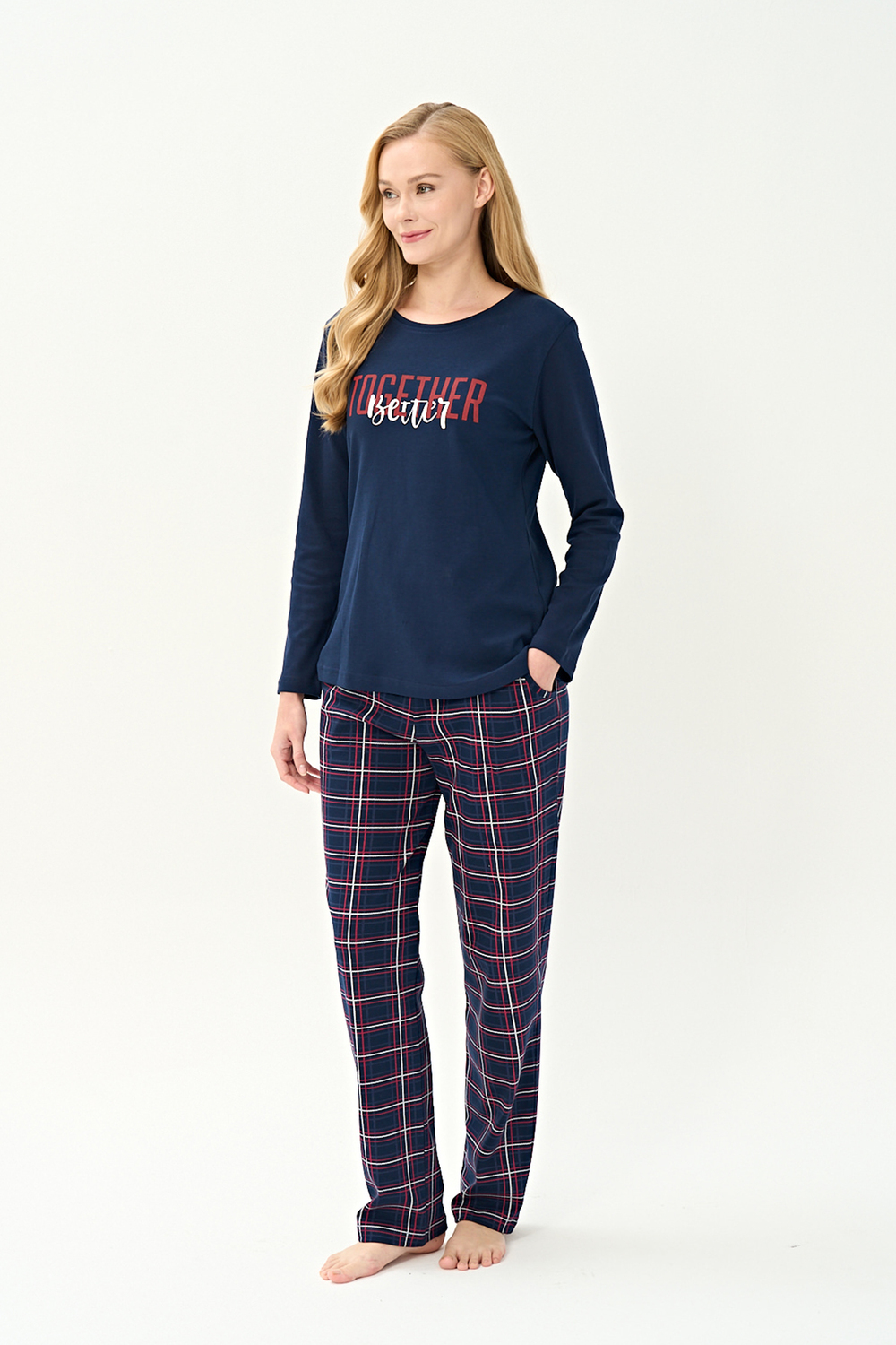 Kadın İnterlok Eşli Bisiklet Yaka Pijama Takım | Lacivert 3251