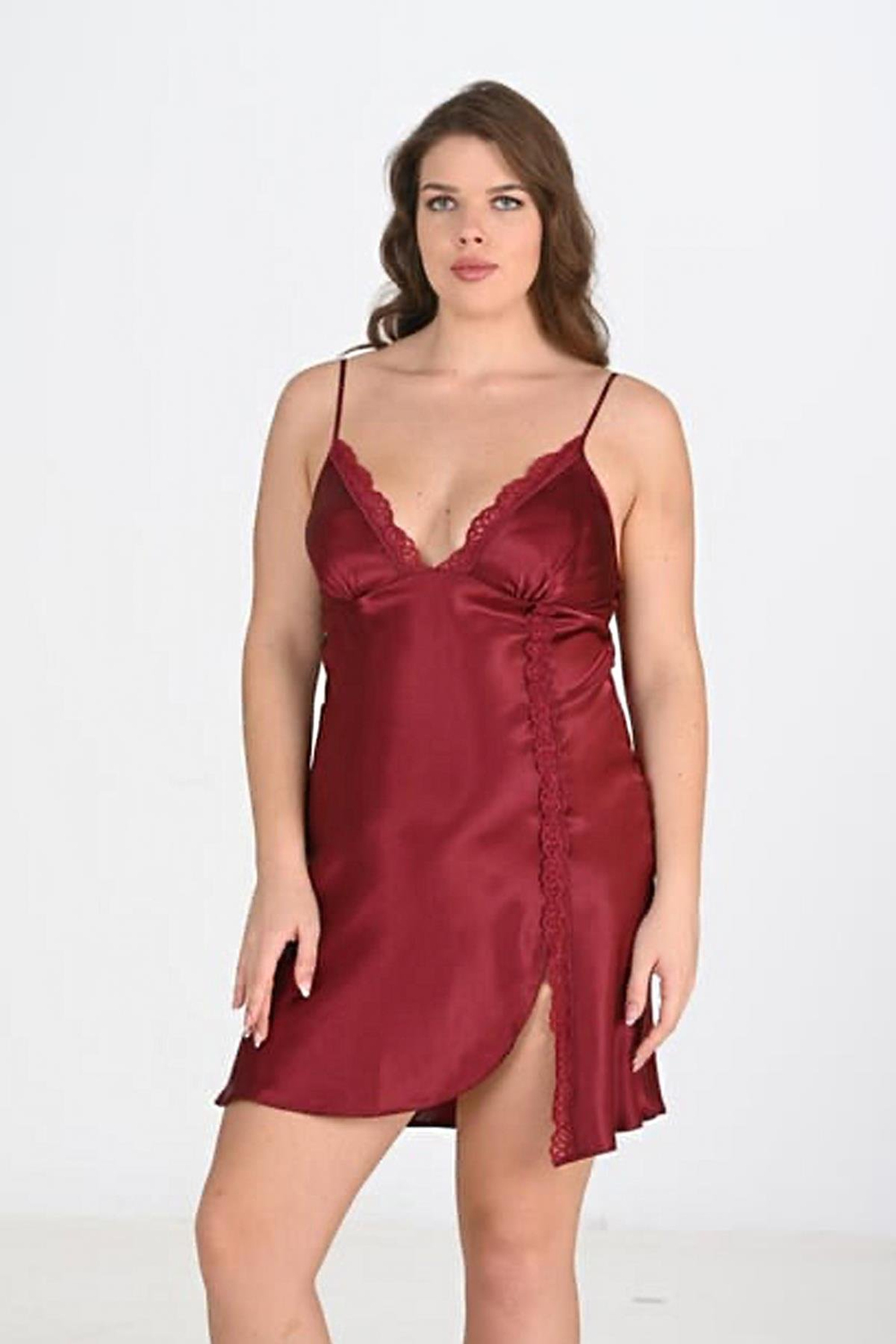 Büyük Beden Dantel Detaylı Kısa Gecelik Sabahlık Takım | Bordo 6202