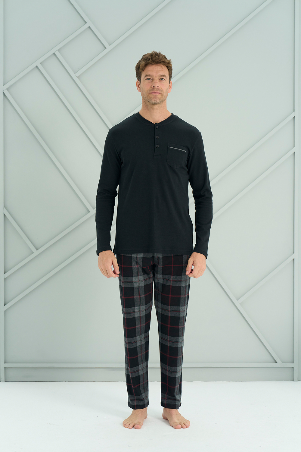 Erkek İnterlok Genç Önü Patlı Pijama Takım | Siyah 2233