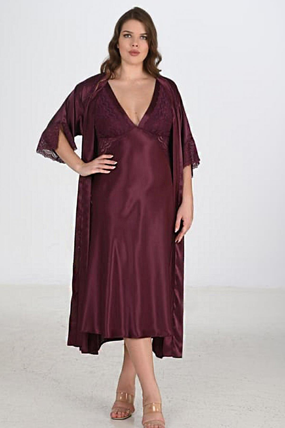 Büyük Beden Dantel Detaylı Uzun Gecelik Sabahlık Takım | Mürdüm 6223