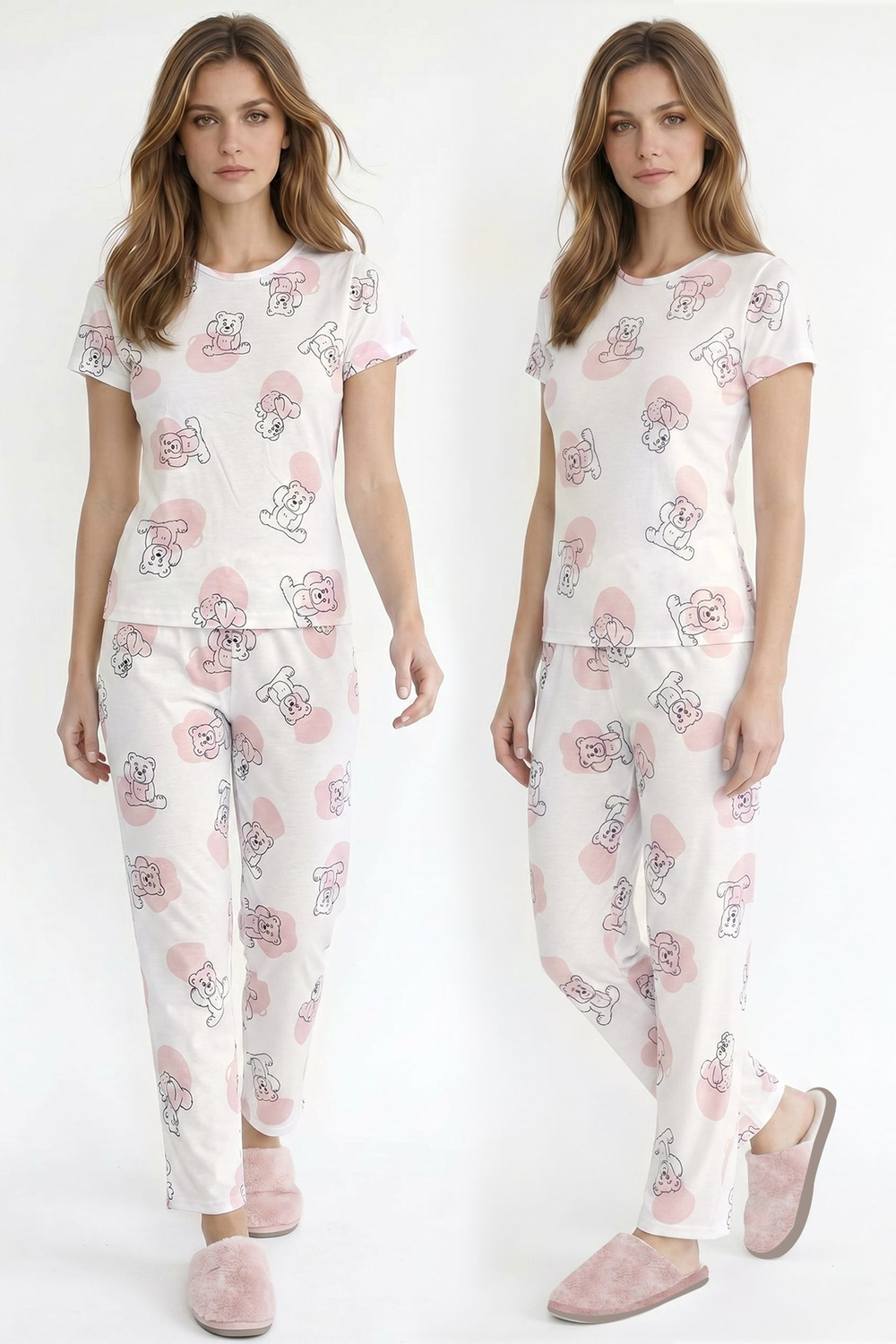 Kadın Bisiklet Yaka Yumuşak Dokulu Büyük Ayıcık Desenli Kısa Kol pijama Takım | Ekru 70132-3293