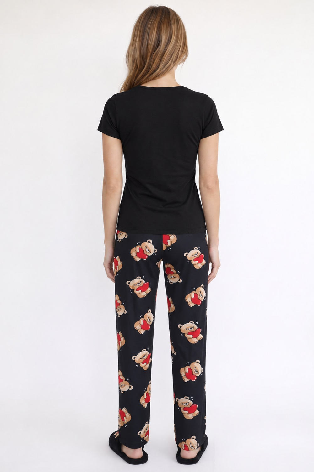 Kadın Süet Kalpli Büyük Ayıcık Desen Pijama Tek Alt