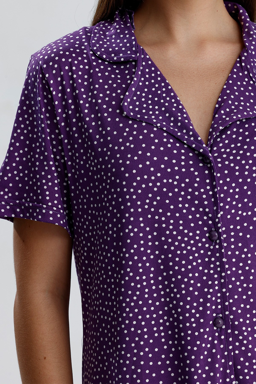 Kadın Düğmeli Puantiye Desen Kısa Kollu Pijama Takım | Mor