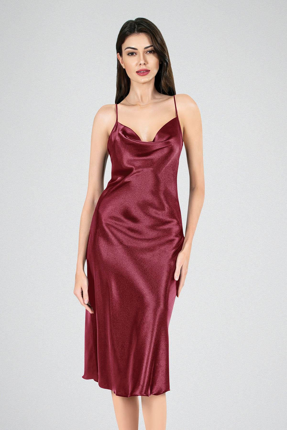 Degaje Yaka Saten Uzun Gecelik | Bordo 7741