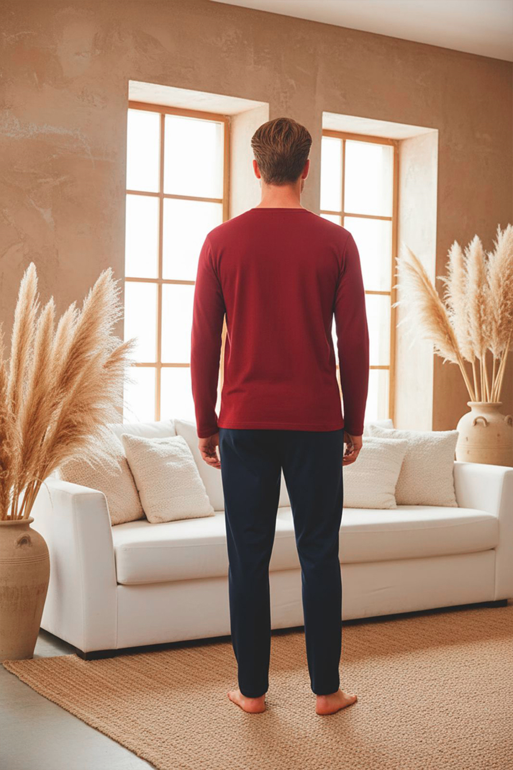 Erkek Uzun Kollu 4 Mevsim Penye Süprem Önü Patlı Pijama Takımı | Bordo 800