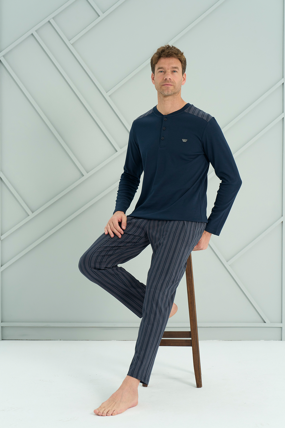 Erkek İnterlok Genç Önü Patlı Pijama Takım | Lacivert 2237