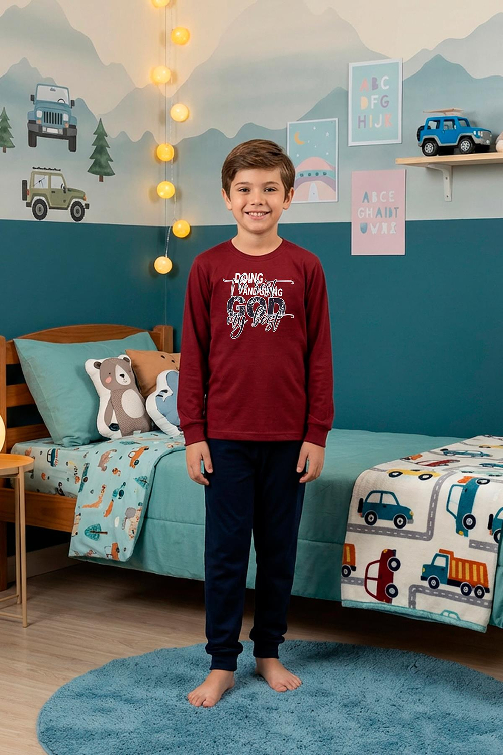 Erkek Çocuk İnterlok Bisiklet Yaka Pijama Takımı | Bordo 109