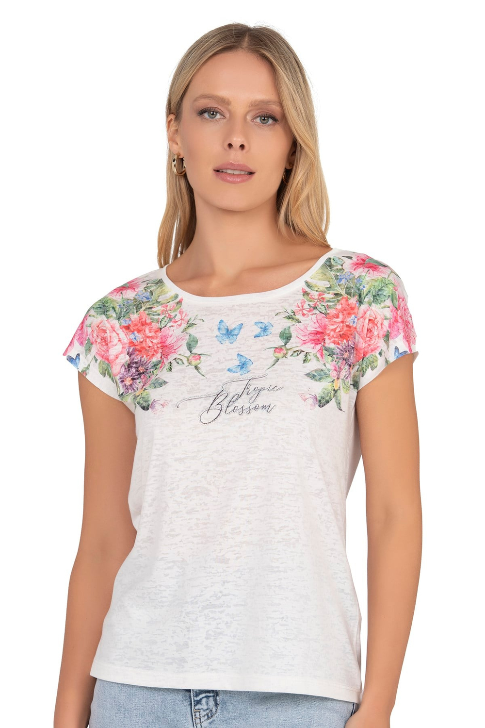 Kadın Floral Desenli Yazı Detaylı Bluz | Ekru 25792