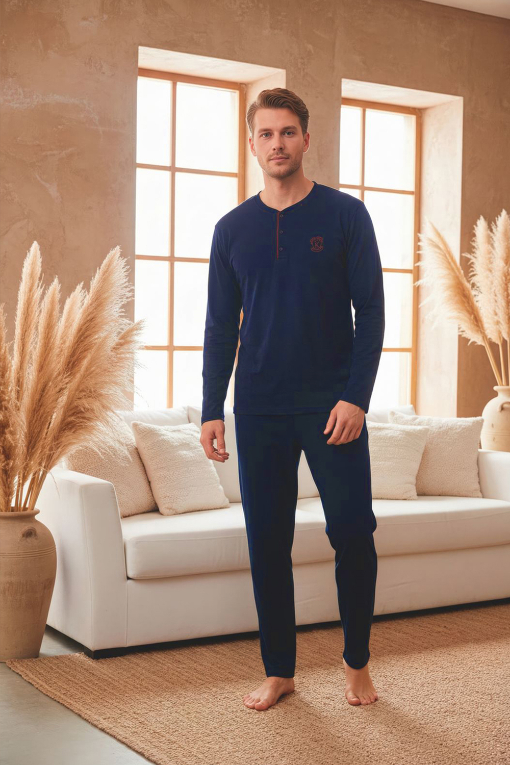 Erkek Uzun Kollu 4 Mevsim Penye Süprem Önü Patlı Pijama Takımı | Lacivert 802